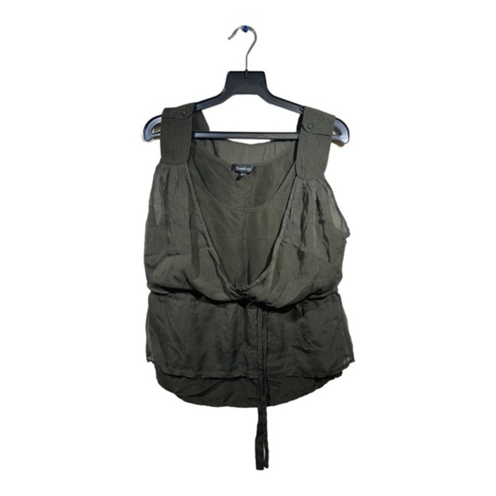 Bebe Womens Sleeveless Blouse 100% Silk Dark Caviar Army Green Tie Waist Size Xs